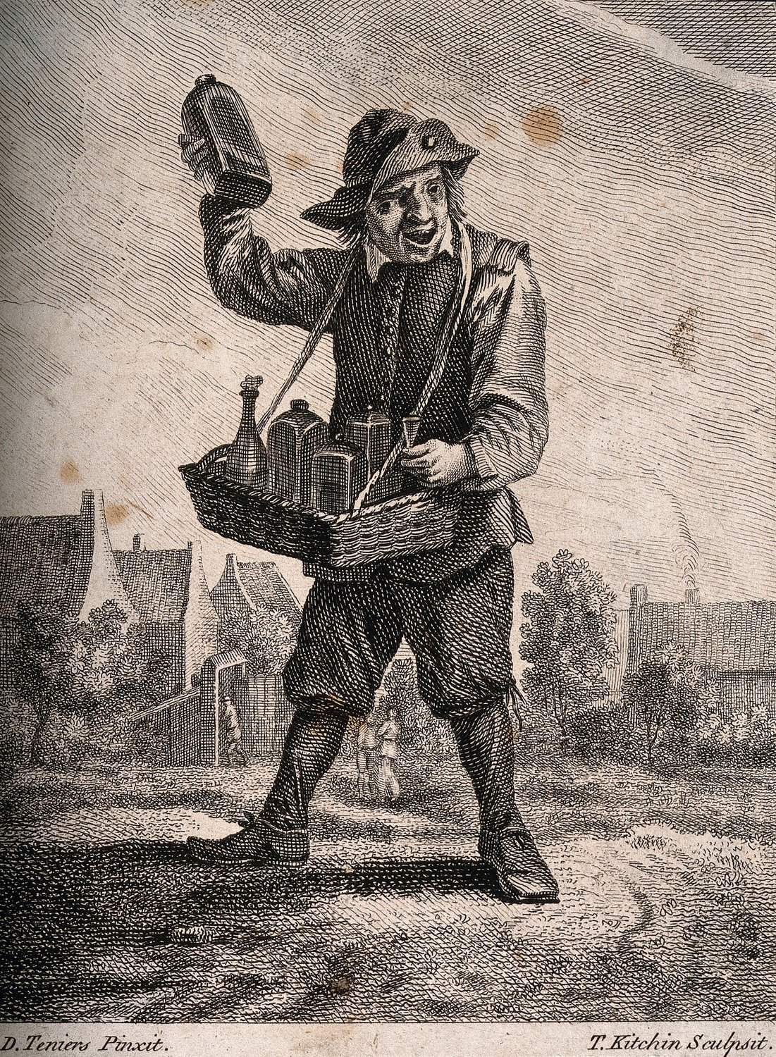 A country pedlar selling medicines from a basket. Etching by Thomas Kitchin after David Teniers the Younger. Image from Wellcome Images, operated by Wellcome Trust, a U.K.-based charitable foundation.